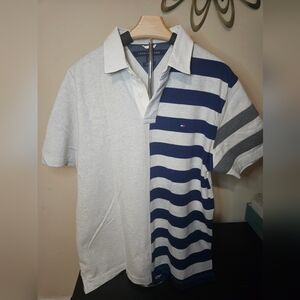 Tommy Hilfiger Men's Polo Shirt Size L Striped Business Casual Gray Blue
